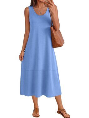 Women Blue Purple Cotton Midi Sleeveless Dress Trendy Beach Casual Long Sundress